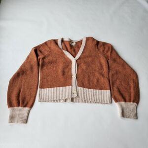 Yes Lola Womens Knit Crop Sweater Baggy Chunky Brown Button Up Cardigan Small